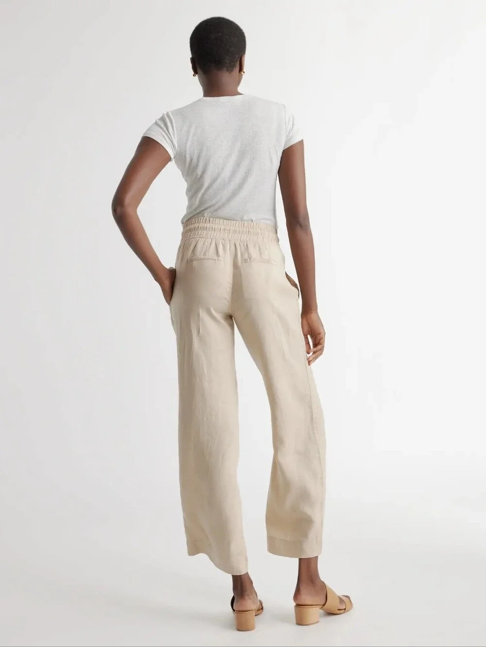 Quince 100% european linen wide leg relaxed pants in driftwood, cream tan, small